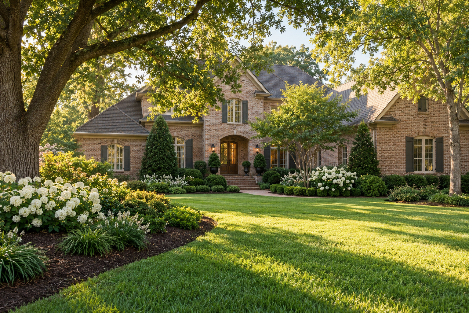 Landscape inspiration: brick home with layered evergreen beds, flowering shrubs, and a lush lawn